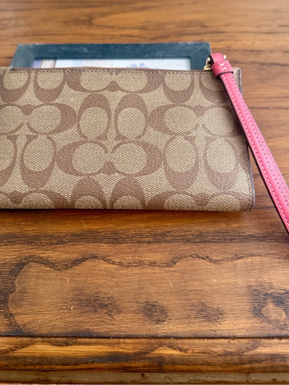 Coach Brown Signature Canvas Wristlet with Pink Leather Accent